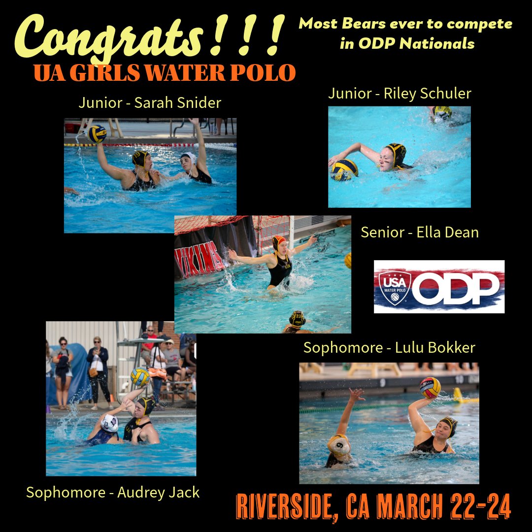 Congrats to 5 UA Girls Water Polo athletes representing the Great Lakes Zone at the ODP National Championships in Riverside, CA: Ella Dean '24, Sarah Snider '25, Riley Schuler '25, Lulu Bokker '26, and Audrey Jack '26. Good luck, BEARS! 🐻🤽‍♀️