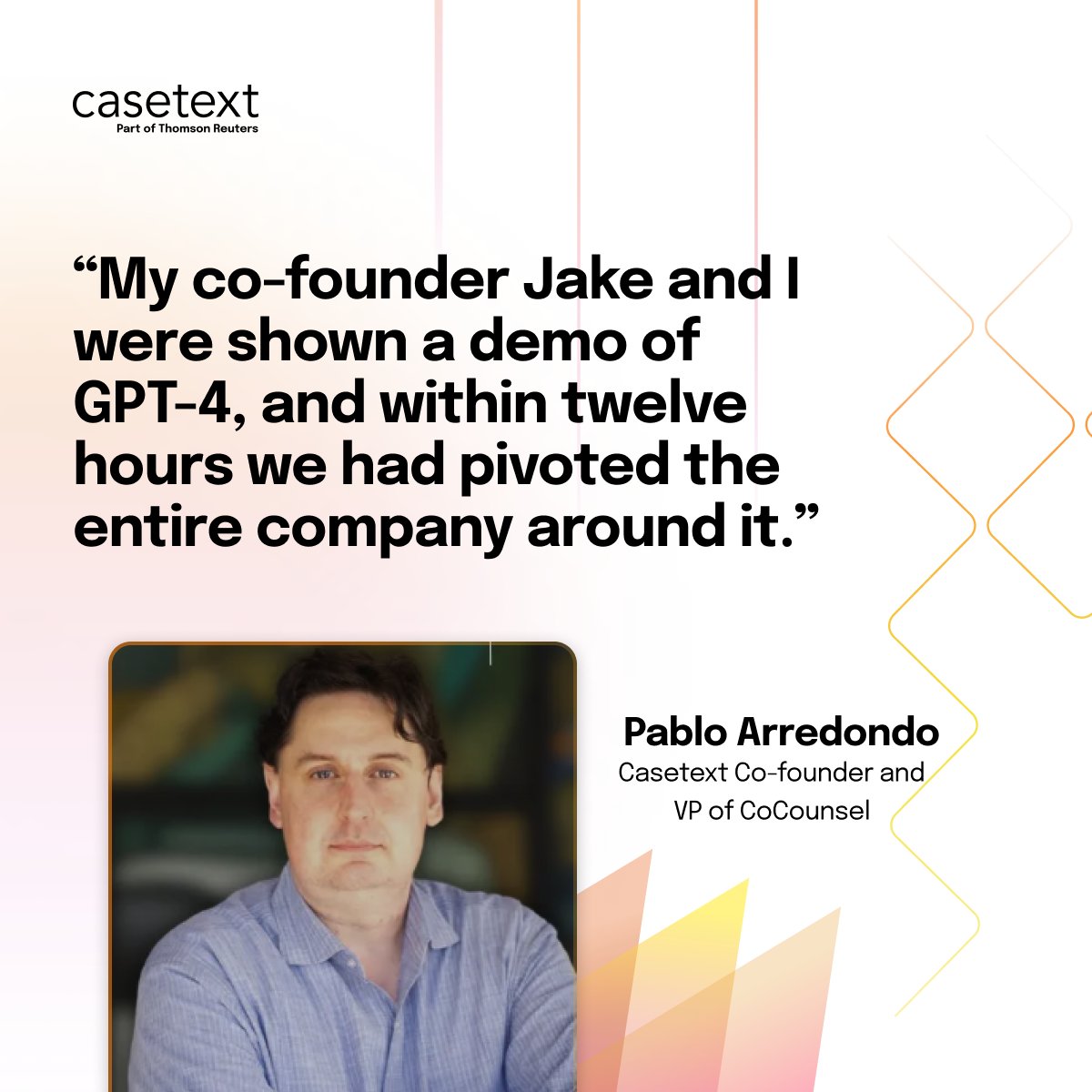 Casetext Cofounder &amp; VP of CoCounsel Pablo Arredondo recently sat down with The Cognitive Revolution’s @Labenz to talk about how GPT-4 has changed the practice of law, security &amp; privacy in AI-driven legal services, and more.

Watch / listen to the episode
cognitiverevolution.ai/ai-and-the-pra…
