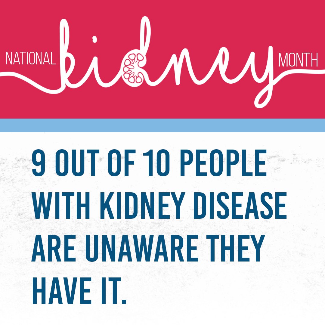 March is #NationalKidneyMonth❤️ 9 out of 10 people with kidney disease are unaware they have it, and half of those with severely reduced kidney function don't know they have kidney disease. Share this graphic to spread awareness! Quick Kidney Facts👇 ow.ly/hn8m50MMcQ6