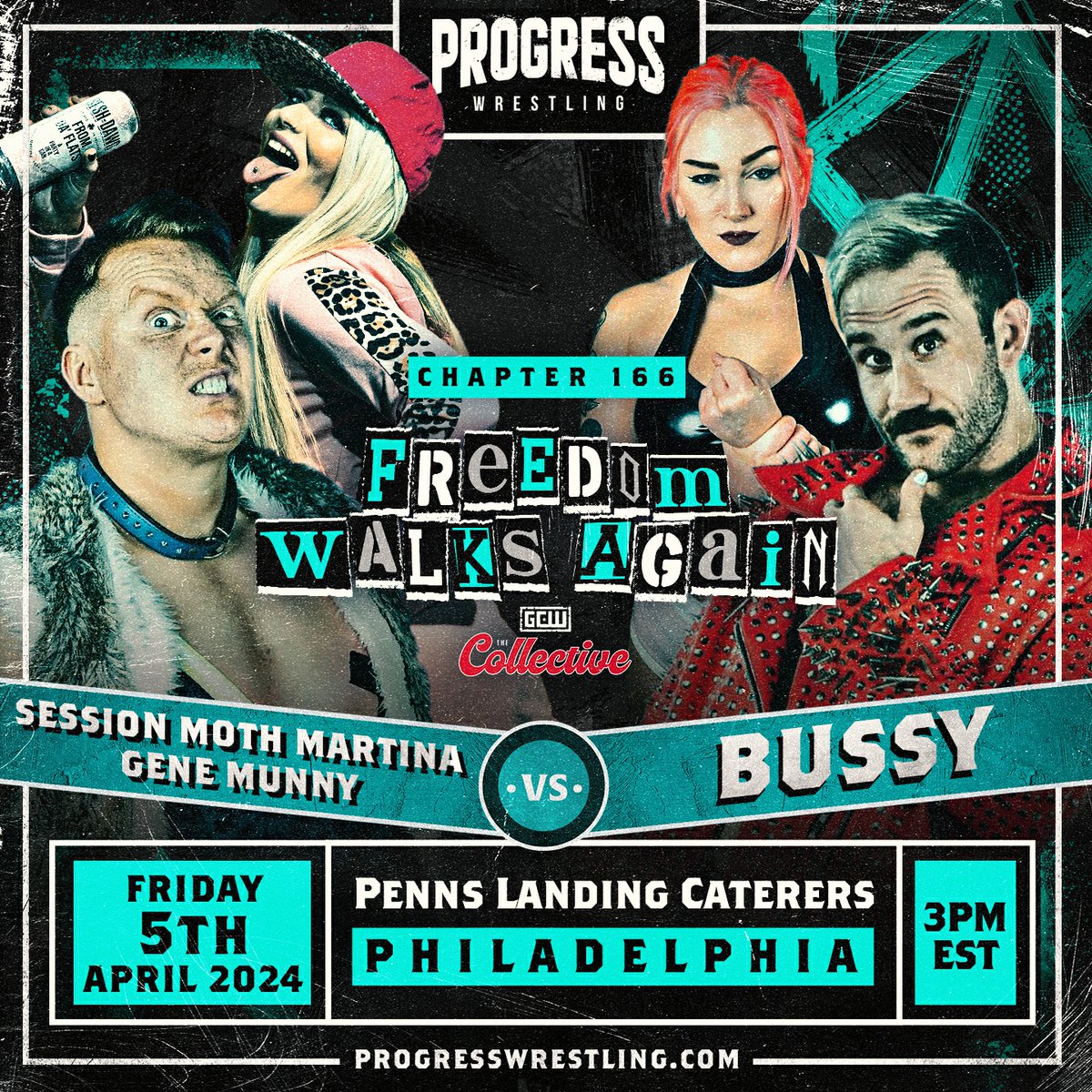 ThisIs_Progress's tweet photo. ๐ป๐พ Session Moth Martina and Gene Munny are set to take on BUSSY at FREEDOM WALKS AGAIN!
๐บ๐ธThis marks the debut tag team match for Allie Katch and Effy in #PROGRESSWrestling!
โ๏ธ Will Gene and Session Moth have a successful third attempt teaming up when PROGRESS Wrestling returns to the USA as part of The Collective during #WrestleMania weekend?