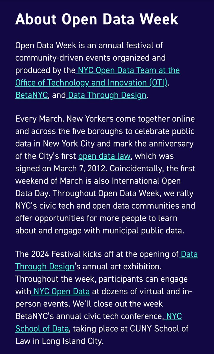 Kayla Schwoerer (@schwoererskayla) on Twitter photo It's NYC Open Data Week!
As a PA scholar and self proclaimed nerd for all things open data, civic tech, and design, this is basically my Coachella.
Check out the epic lineup of panels, events & demos here: 2024.open-data.nyc/events/
#NYCOpenDataWeek <a href="/BetaNYC/">Beta.NYC - Now at @betanyc.bsky.social</a> <a href="/nycSOdata/">NYC School of Data Conference 2025</a> <a href="/nycgov/">City of New York</a> It's NYC Open Data Week!
As a PA scholar and self proclaimed nerd for all things open data, civic tech, and design, this is basically my Coachella.
Check out the epic lineup of panels, events & demos here: 2024.open-data.nyc/events/
#NYCOpenDataWeek <a href="/BetaNYC/">Beta.NYC - Now at @betanyc.bsky.social</a> <a href="/nycSOdata/">NYC School of Data Conference 2025</a> <a href="/nycgov/">City of New York</a>