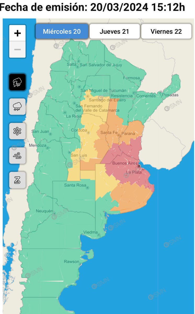 20 MAR ⚠️ ATENCIÓN: Se eleva a nivel rojo el #alerta por #tormentas en sectores de la Provincia de Buenos Aires, Santa Fe y Entre Ríos:

🟥 80-100 mm ☔️ con ráfagas ≥ 110 km/h y granizo
🟧 50-90 mm ☔️ con ráfagas ≥ 90 km/h 
🟨 40-70 mm ☔️

Más info:
smn.gob.ar/alertas