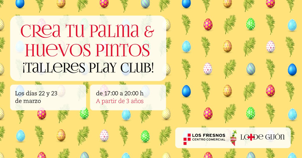 #PlayClubMarzo | ¡Disfruta de la #SemanaSanta con los súper talleres de #PlayClub! ✨🎨

🗓️ Viernes 22: Crea tu Palma
🗓️ Sábado 23: Huevos pintos

📍 En la planta baja de 17:00 a 20:00 h.
🎨 A partir de 3 años

#CentroComercial
#Gijón