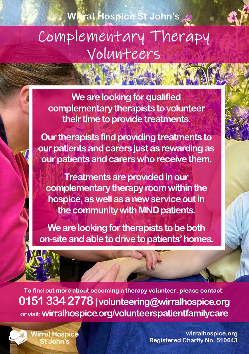wirralhospice's tweet image. 💙🤗 We are looking for qualified #ComplementaryTherapy #Volunteers to provide treatments for our #WirralHospice patients &amp;amp; carers.

Info: wirralhospice.org/volunteerspati… or contact Phil &amp;amp; Sarah: 0151 334 2778 | volunteering@wirralhospice.org 

#Hospice #HospiceHeroes #Volunteering