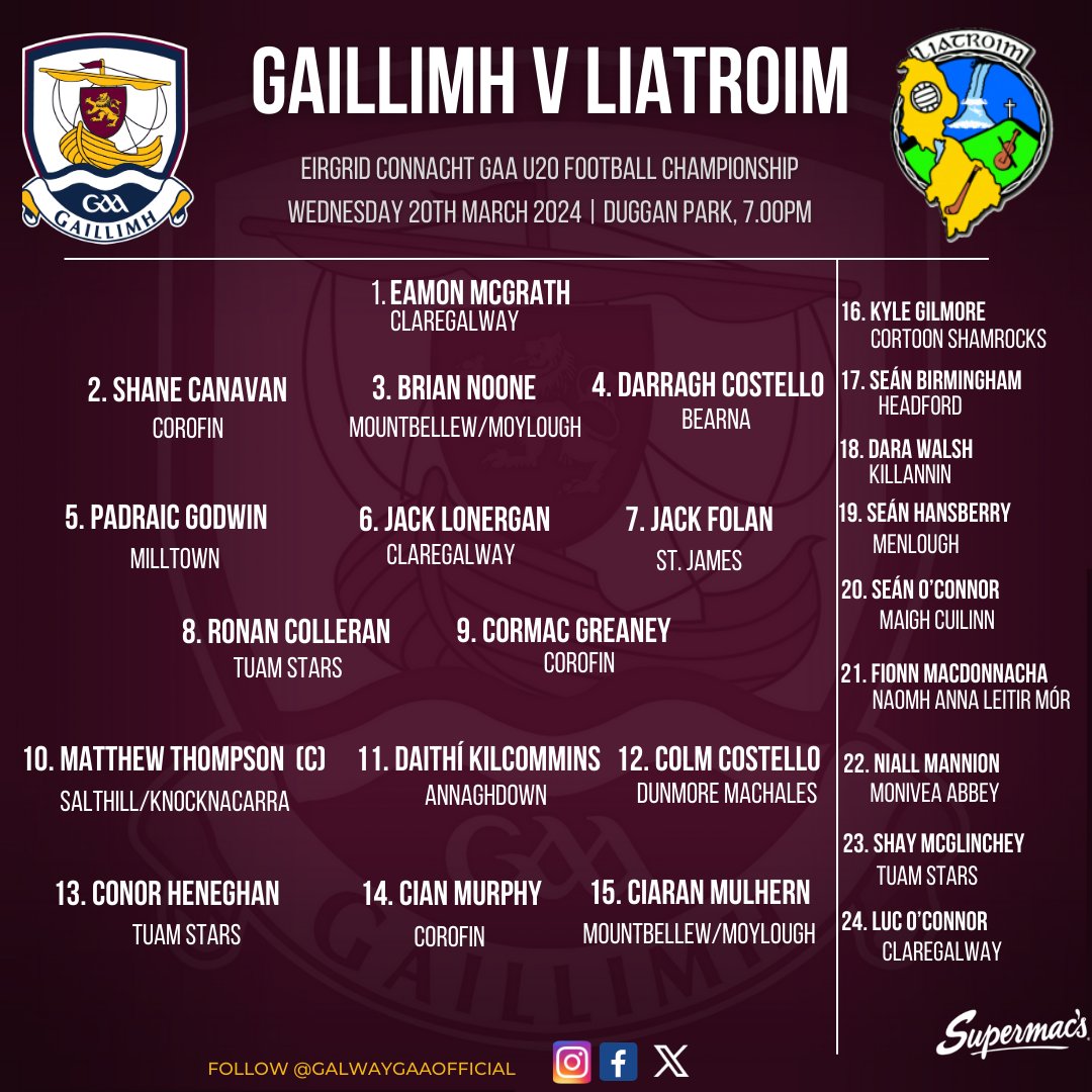 Guíonn muid gach rath ar Fhionn Mac Donnacha agus ar fhoireann Faoi 20 na Gaillimhe agus iad ag tabhairt aghaidh ar Liatroim i gCraobh Chonnacht anocht ar Pháirc Uí Dhúgáin, Béal Átha na Slua.