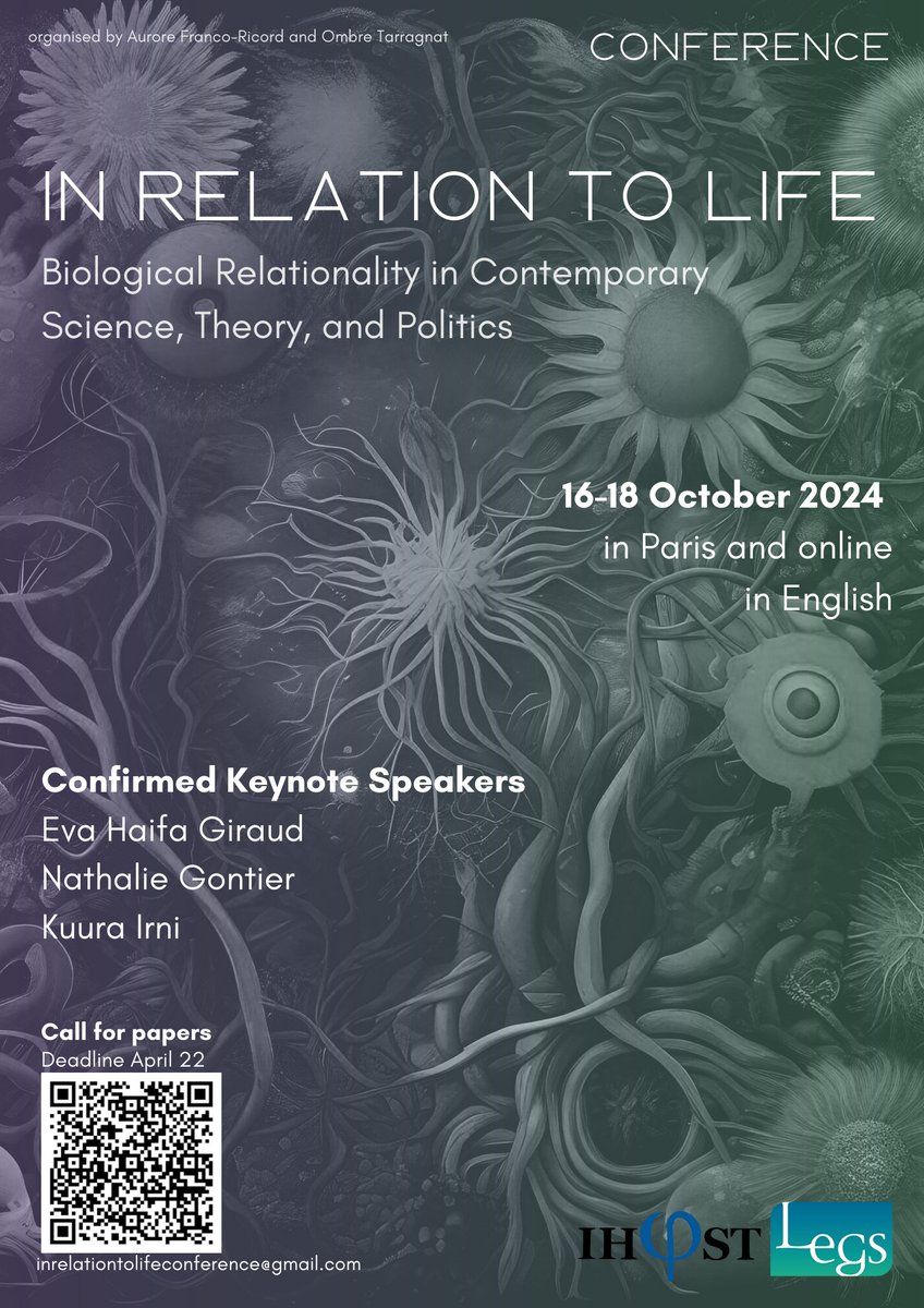Very excited to invite submissions for the conference I am co-organising in Paris in October, “In Relation to Life: Biological Relationality in Contemporary Science, Theory, and Politics”. To read the CfP: drive.google.com/file/d/1jrtDPG…
