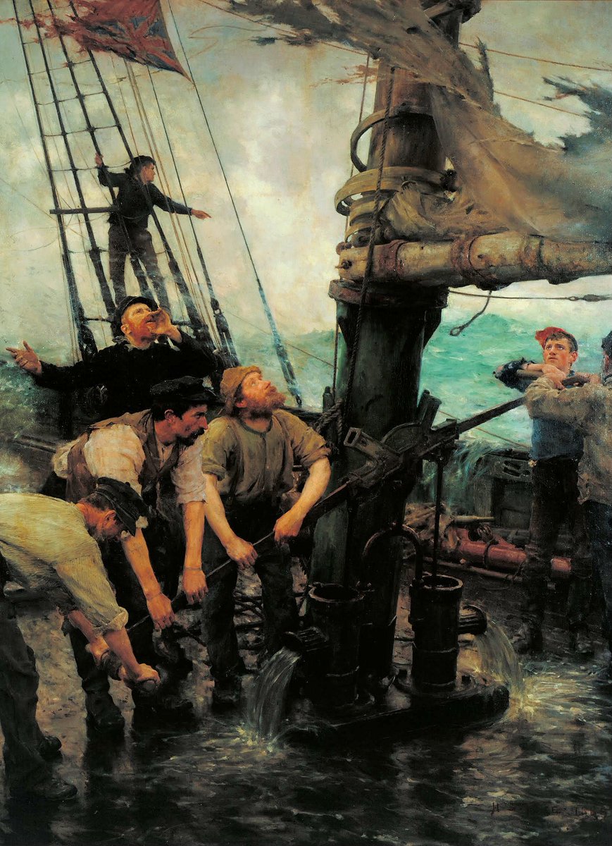 Sometimes artists have chosen a particular moment, a snapshot, in order to tell their story. All Hands to the Pump by Henry Scott Tuke, from 1888, shows the desperation of a ship in distress and sailors trying to get rid of onrushing water.