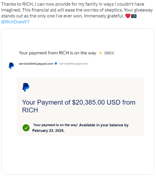 Mike03320's tweet photo. REPOST &amp; LIKE TO ENTER $10K CASH GIVEAWAY

I owe a huge thank you to @RichDoesYT for sending me $20k! Without his contribution, none of this would have been possible. Winning the Rich Cash Giveaway twice has boosted my finances by $40k. I'm excited to share some with everyone. https://t.co/h6ZZ4FjzAS