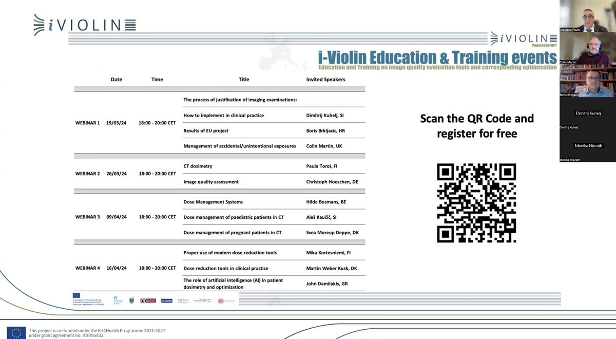 A real privilege to chair the first (out of four) WP7 i-violin project webinar. great discussion and interaction. Scan the QR code to register for free for the next webinars. @EIBIR_biomed @EFRadiographerS @myESR @ESREuroSafe