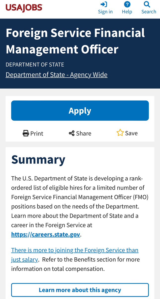 The United States Department of State is HIRING! 🇺🇸🚨

If you have experience in financial planning, accounting, management, and budgeting, apply to become a Financial Management Officer ⬇️ 

💰 Salary: $79,974 - $158,097 
🗺️: Domestic &amp; overseas opportunities 
🔗 Application: