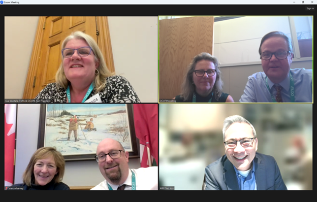 OCUFA's tweet photo. @LiseVaugeois @JessicaBellTO @ocadfa1 @x_fac_assoc @uwofa1 @LakeheadLufa @lufappul @NUFSAUnit1 Great meetings with @kernaghant and @tedhsu discussing our valuable public universities and why we need more funding to help them thrive. Thanks for meeting with us! #onpoli #onpse https://t.co/eEKnFODR8f