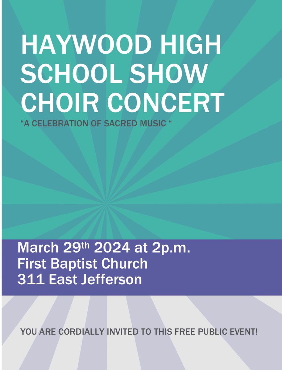 Join us for an uplifting celebration of sacred music as the Haywood High Choir takes the stage at First Baptist Church on 311 Jefferson Street, March 29, 2024, at 2:00 pm! 🎶 Don't miss out on this soul-stirring performance!