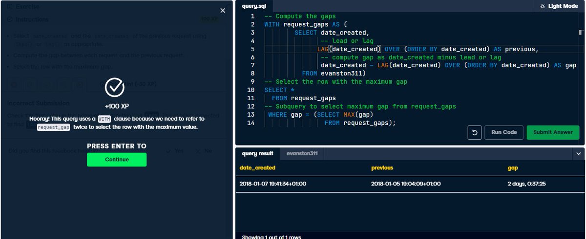 oyelekeibukun1's tweet image. #SQLJOURNEY#
My 1% today
1. I wrapped up the "Exploratory Data Analysis" course in SQL by taking some exercises on aggregating with date/time series and time between events. It was really a hectic journey for me. That course, eh?
Thankfully, against all odds, I pulled through.