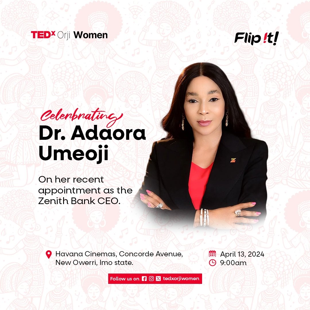 We, at TEDxOrji Women, celebrate Dr. Adaora Umeoji on her appointment as the Managing Director of Zenith Bank.

Thank you for daring to excel and thriving at it.

#tedxorjiwomen 
#tedxwomen 
#tedx 
#flipit
#women 
#men
#TrendingNow 
#viral

Creative Designer: @charlesugoh
