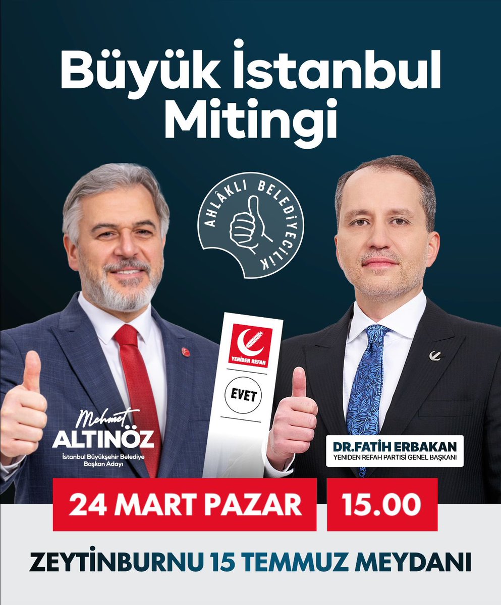 Hazır mısın İstanbul! Yeniden Refah Partisi olarak, mağdurların ve mazlumların sesi olmak için büyük bir çaba içerisindeyiz ve sizlerin güçlü desteğiyle büyümeye devam ediyoruz. Genel Başkanımız Dr. Fatih Erbakan'ın katılımlarıyla gerçekleştireceğimiz, Büyük İstanbul mitingimize