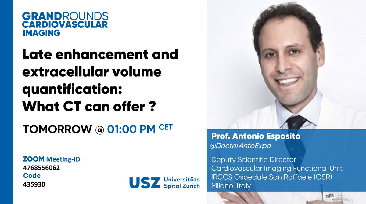 #Tomorrow🎯Join us online! Prof. Antonio Esposito @DoctorAntoExpo 🇮🇹 is our guest at Grand Round #CVImaging to explore what #YesCCT can offer by Late Enhancement & ECV quantification! With our hosts🎙️Profs. Manka @rmanka_ & Alkadhi @Alkadhi_rad - @Unispital_USZ 🫀…