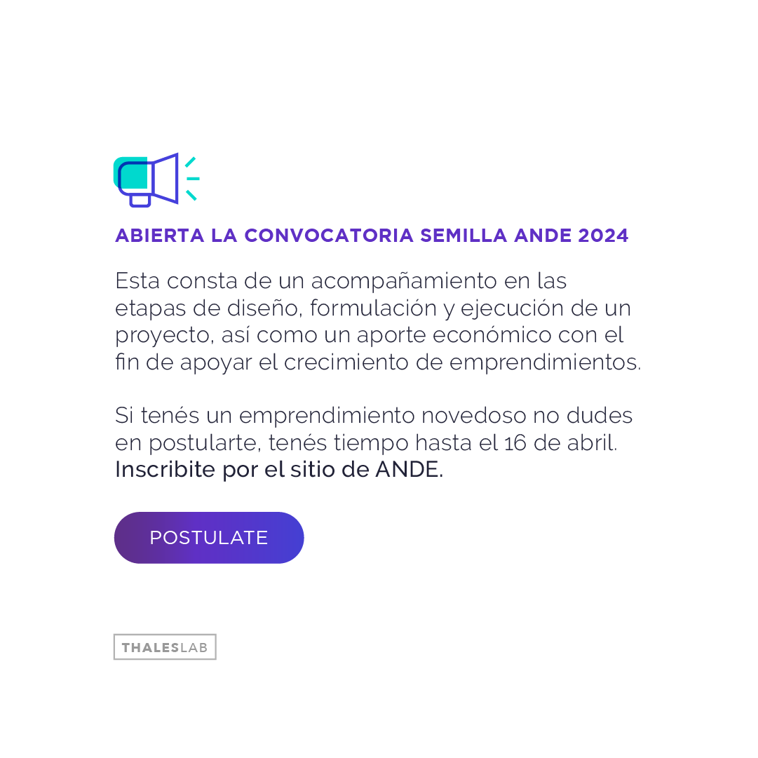¡Atentos emprendedores!
Está abierta la convocatoria Semilla ANDE 2024✨ 
Esta consta de un acompañamiento en las etapas de diseño, formulación y ejecución de un proyecto, así como un aporte económico. 

Inscribite👉🏼shorturl.at/DMOW4
