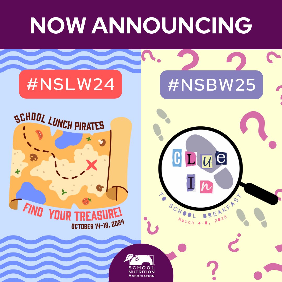 🗞️ Huge news! 🗞️ 

The 2024 National School Lunch Week (#NSLW24) & 2025 National School Breakfast Week (#NSBW25) themes will spark great ideas & imagination: 🦜 School Lunch Pirates: Find Your Treasure! 🔍 Clue In to School Breakfast  🔗 bit.ly/GetNewThemes