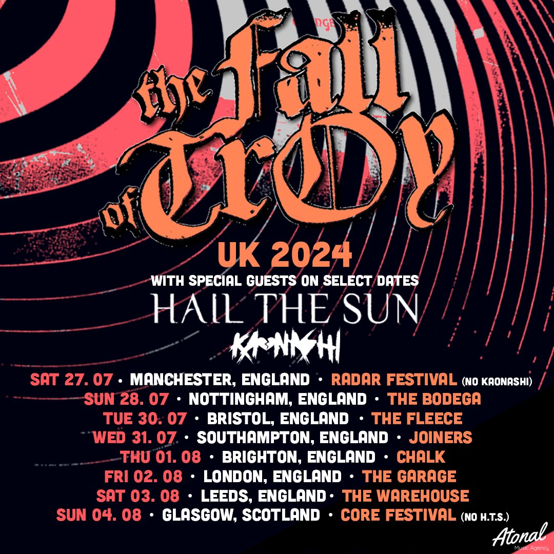 Heading back across the pond this summer with the almighty The Fall of Troy and <a href="/Kaonashipa/">KAONASHI (ONLINE NOW!)</a> . Looking forward to seeing all our UK faithful after nearly 7 years away. Tickets available this Friday the 22nd 🇬🇧
