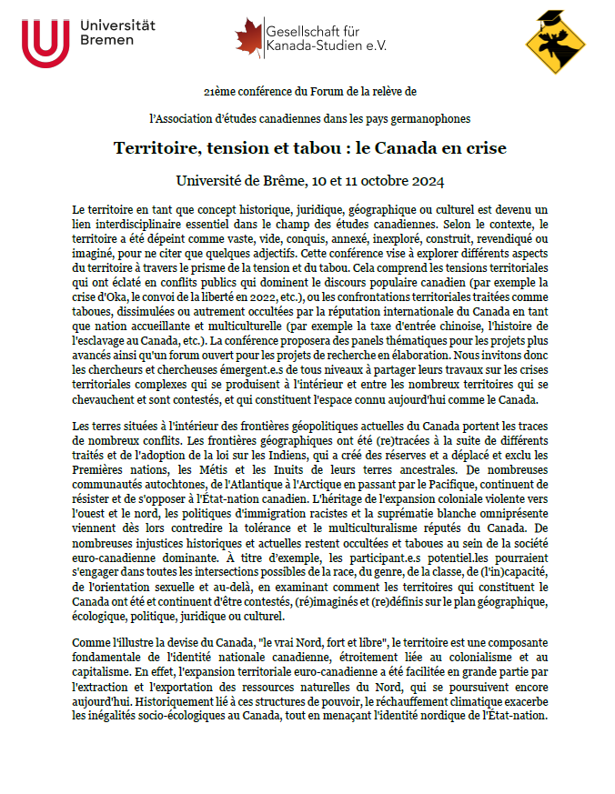 NWFCanStudies's tweet photo. Nous acceptons les soumissions pour notre 21ème conférence annuelle sur le thème « Territoire, tension et tabou : le Canada en crise »

🗓️ 10-11 octobre 2024 
📌 Brême, Allemagne

Soumettez votre résumé à l'adresse courriel : esfconference2024@gmail.com

Date limite : 30 avril https://t.co/SHQXYksnfM