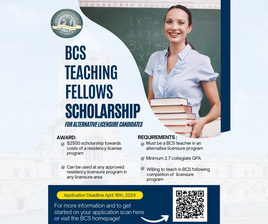 brunscoschools's tweet image. The 2024 BCS Teaching Fellows Scholarship is open to BCS seniors and BCS graduates pursuing teacher licensure as well as BCS teachers currently enrolled in an alternative licensure program. The application window is currently open and will close on April 16th.