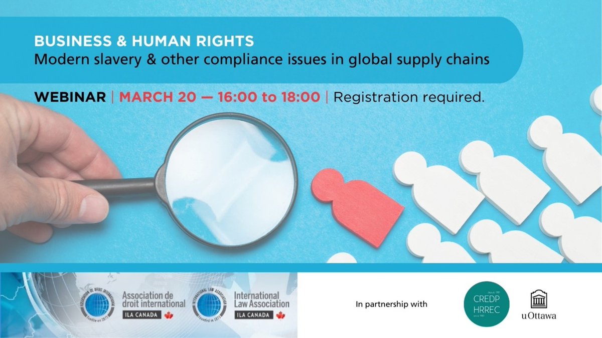 Join the CORE, @uOttawaHRREC and @ILA_official this afternoon for a virtual panel discussion on modern slavery and other compliance issues in global supply chains: ow.ly/HWrA50QXYCB