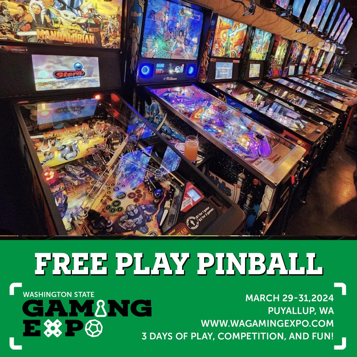 Free Play Pinball Machines - no explanation needed. Machines will feature daily high-score prizes. Come be a part of Washington's newest gaming event on March 29th through the 31st at the Washington State Fair and Events Center in Puyallup. 1-day or 3-day tickets are now on sale