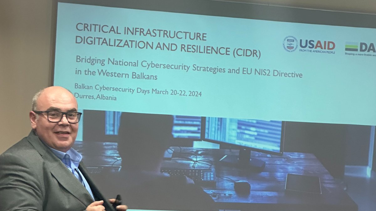 Aleksandar Acev, Regional Technical Advisor for the @USAID Critical Infrastructure #Digitalization and Resilience program, presents “Bridging National #Cybersecurity Strategies and #EU #NIS2 Directive in the Western Balkans” at #BCD2024 in Durres” @USAIDAlbania #USAID_Digital