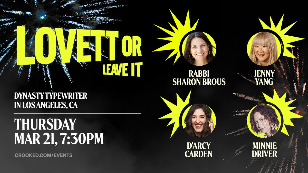 @JoinTheDynasty is the good place this week. Jon Lovett welcomes Rabbi @SharonBrous, @jennyyangtv, @DarcyCarden, and @driverminnie. #LovettOrLeaveIt #CrookedMedia #LA