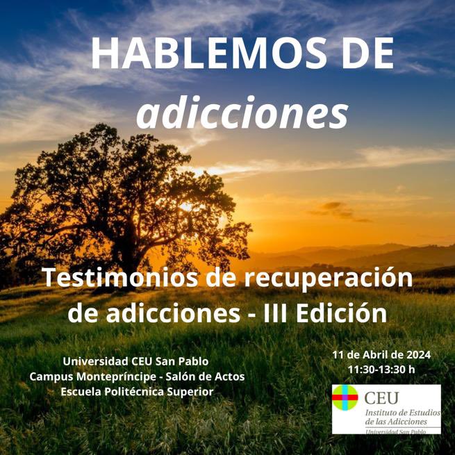 IEA_CEU's tweet photo. Por 3 año consecutivo junto a Javier Mowinckel estamos encantados de anunciaros la fecha del próximo “Hablemos de adicciones” 

Os invitamos a escuchar, en directo, historias de recuperación de la enfermedad de la adicción, tanto del que la padece como del sistema familiar. https://t.co/fhJwdzrLIk