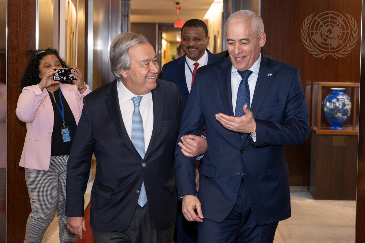 Secretary-General António Guterres shares a laugh with Gerardo Peñalver Portal, Permanent Representative of Cuba to the United Nations. #HappinessDay UN Photo/Eskinder Debebe