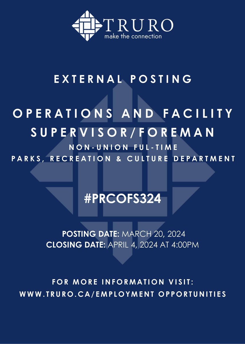 EMPLOYMENT OPPORTUNITY

The Town of Truro is accepting applications for an Operations and Facility Supervisor/Foreman. This is a permanent, full-time, non-union position.

For more information: truro.ca/employment-opp…