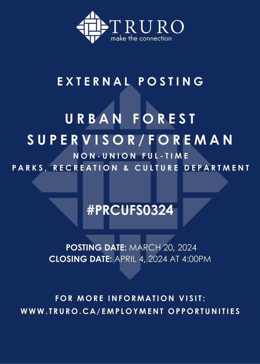 EMPLOYMENT OPPORTUNITY

The Town of Truro is accepting applications for an Urban Forest Supervisor/Foreman. This is a permanent full-time non-union position.

For more information: truro.ca/employment-opp…