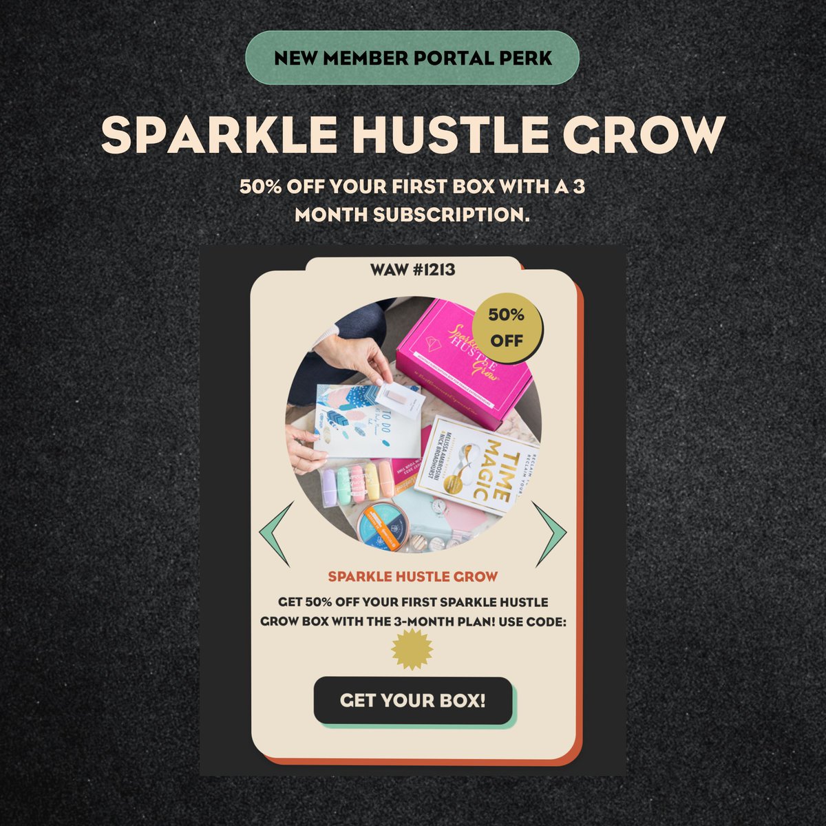 ✨Exclusive Member Perk: 

Our friends at Sparkle Hustle Grow, one of the top subscription box services for women entrepreneurs are offering a lovely 50% off discount on your first subscription box when you purchase a 3-month subscription.  

Don't miss out! Head over to the