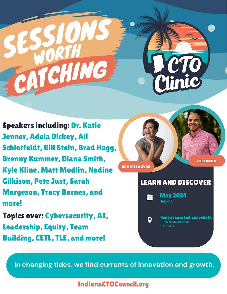 Come ride the waves of the changing tide at the 2024 Indiana CTO Clinic!
The clinic is May 16th and 17th in Carmel, Indiana.

Registration is open at  indianactocouncil.org/clinic
 
We have exciting keynotes including Dr. Katie Novak, Dee Lanier, and Dr. Katie Jenner.