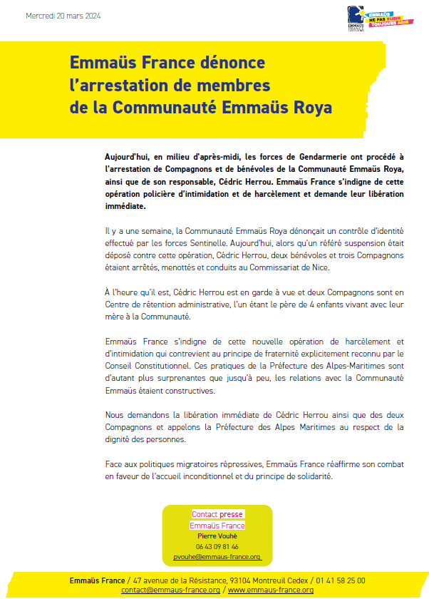 emmaus_france's tweet photo. Il y a 1 semaine, Emmaüs Roya dénonçait 1 contrôle d’identité effectué par les forces Sentinelle.
L'arrestation d'aujourd'hui est 1 opération de harcèlement et d'intimidation.
Nous demandons la libération de @CedricHerrou et des 2 Compagnons placés en CRA :https://t.co/YP4zcFQGJh https://t.co/FwMiXkQl7R