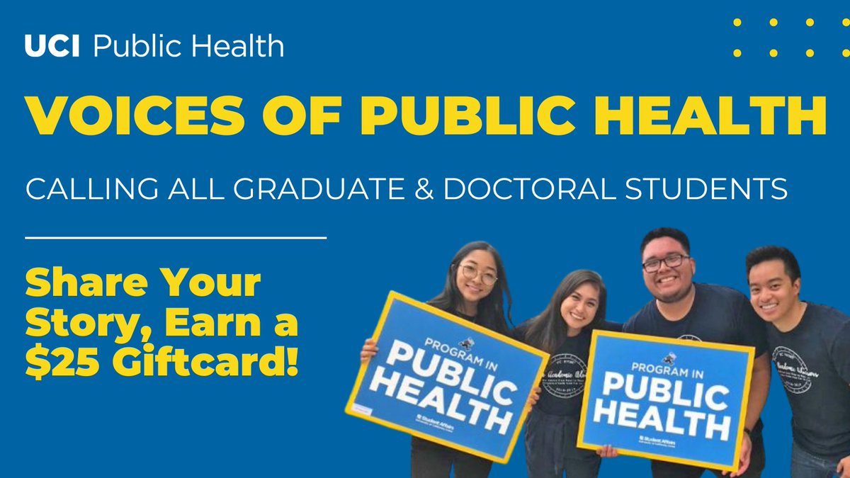 📢 Calling all Public Health grad & doctoral students! Join #VoicesofPublicHealth to showcase YOUR work! Share insights on diversity, equity, & inclusion in public health. Articles will be featured in our newsletters, website, & socials. Sign-Up today: publichealth.uci.edu/news-and-media…