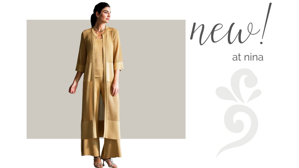 Fabulous three piece lurex Italian knit in soft gold is a chic look for an evening out or special luncheon.  Camisole, panel duster, and wide leg slacks. From Biana for spring.  #pantsuit #knitoutfit #dinneroutfit #knitwear #dusterjacket #rehearsaldinner #delraybeachfashion