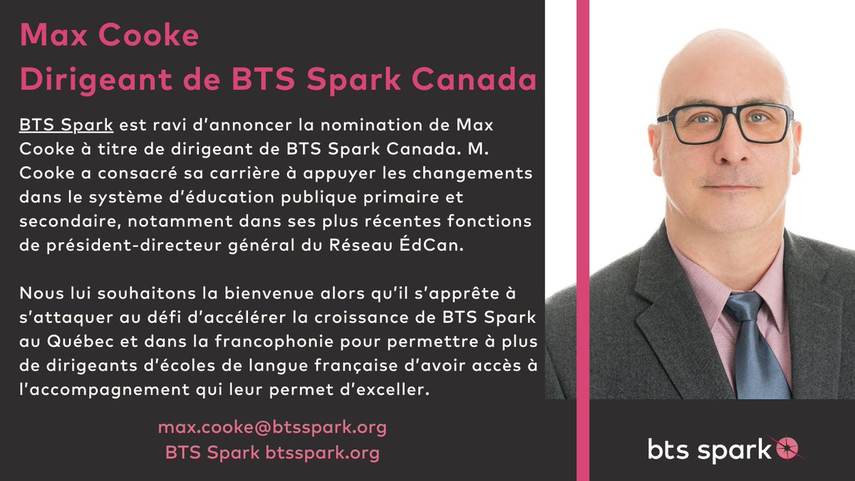 Après 17 ans de loyaux services, @max_cooke quittera son rôle de PDG pour diriger BTS Spark Canada. Le conseil d'administration et l'équipe @EdCanNet le remercient de son engagement indéfectible à l’égard de l’équité et de l’évolution de nos systèmes d’éducation. Félicitations 🎉