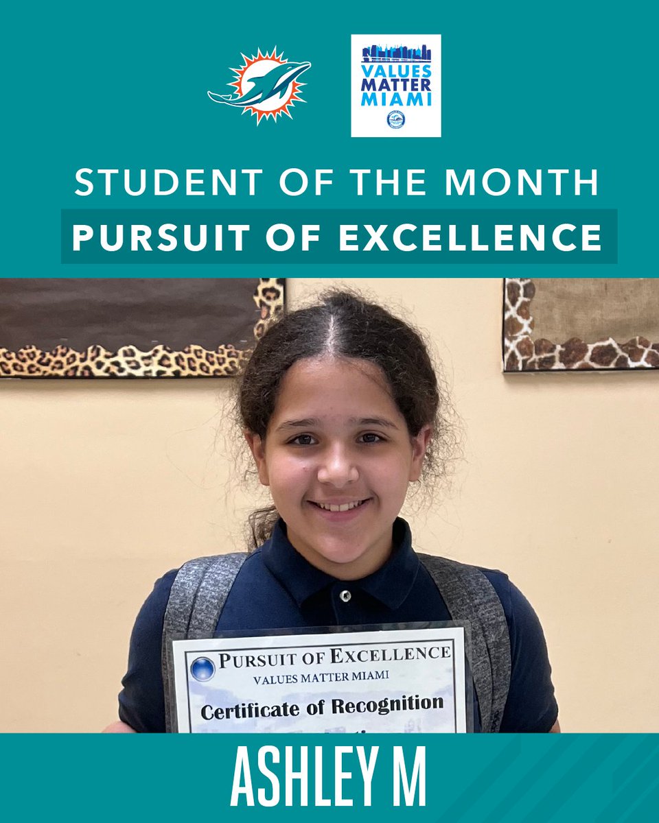 Congratulations to Ashley Martinez from Pine Lake Elementary School! Ashley is the #ValuesMatterMiami Pursuit of Excellence Student of the Month. 👏