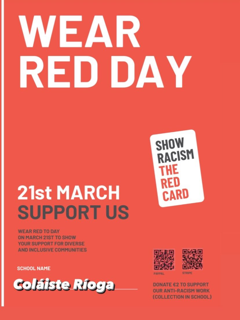 ColaisteRioga (@colaisterioga) on Twitter photo Staff and Students are invited to wear red tomorrow to show our support for the great work carried out by <a href="/immigrationIRL/">Immigrant Council.ie</a> . Donations can be made using the QR code below or through our collection tomorrow morning and are greatly appreciated! #WRD24 #GiveRacismTheRedCard Staff and Students are invited to wear red tomorrow to show our support for the great work carried out by <a href="/immigrationIRL/">Immigrant Council.ie</a> . Donations can be made using the QR code below or through our collection tomorrow morning and are greatly appreciated! #WRD24 #GiveRacismTheRedCard