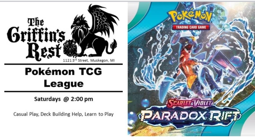 Pokémon Club and League this Saturday @ @TheGriffinsRest in downtown Muskegon 2 - 5 pm 
Come join us. Bring your trade binder!! 

#CJSPOKEMONSTERS #PlayPokemon #Pokémon #Muskegon #PokemonCommunity #ThisIsMuskegon #TheGriffinsRest