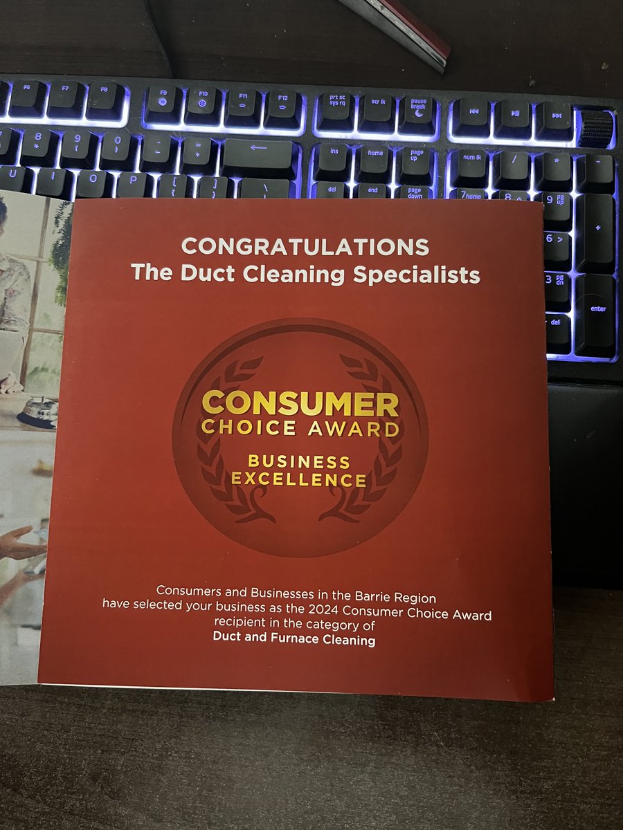 ductcleaningTOR's tweet photo. Nice little surprise in the mail today. 2024 Consumer Choice Awards Winner🏆 https://t.co/dGgVWv3US3