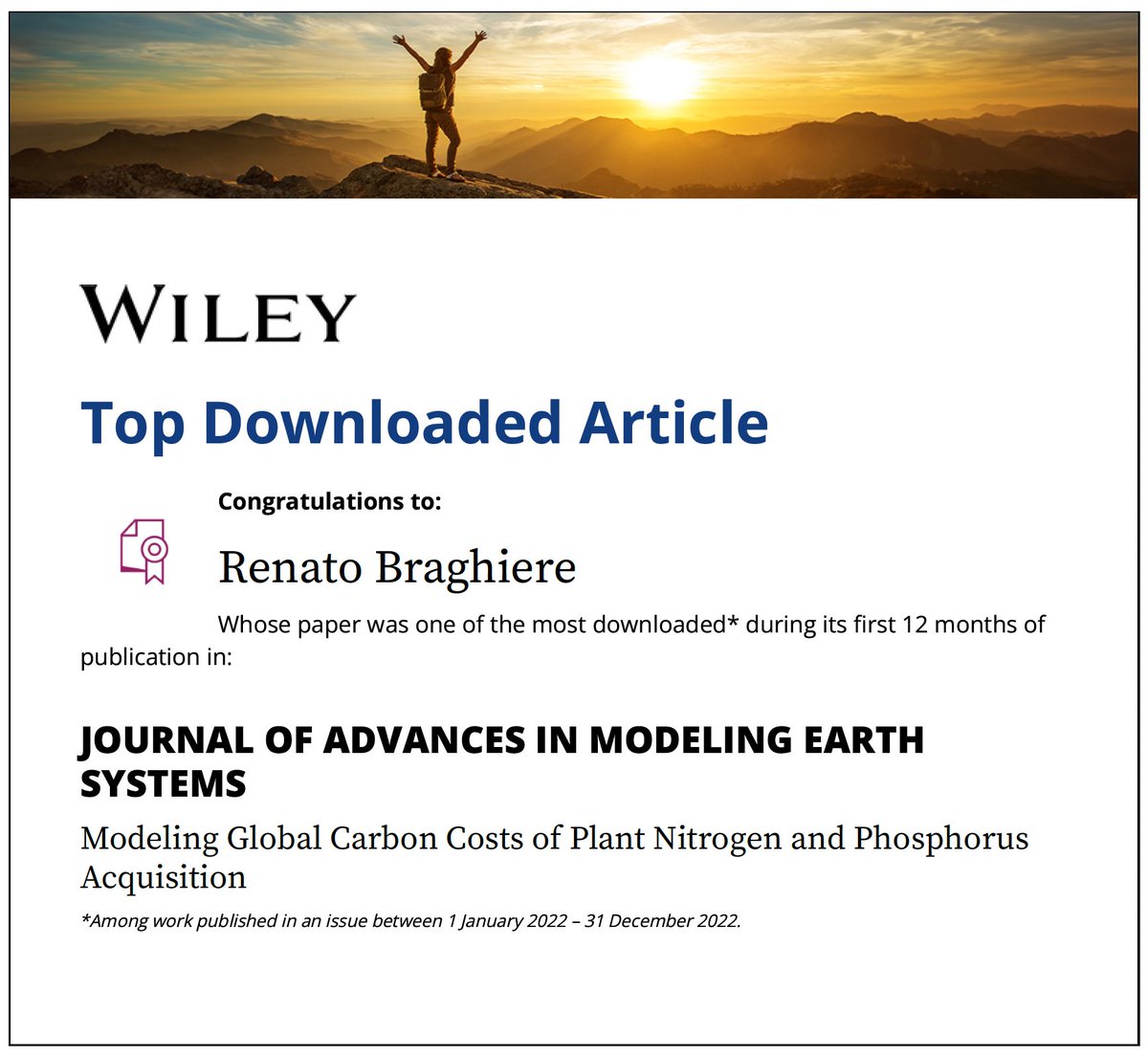 Thrilled to announce my paper 'Modeling Global Carbon Costs of Plant Nitrogen & Phosphorus Acquisition' ranks in the top 10% of downloaded papers in the Journal of Advances in Modeling Earth Systems! A huge thanks to all readers! 😃🔗doi.org/10.1029/2022MS… #TopDownloaded 🎉🌍🔬