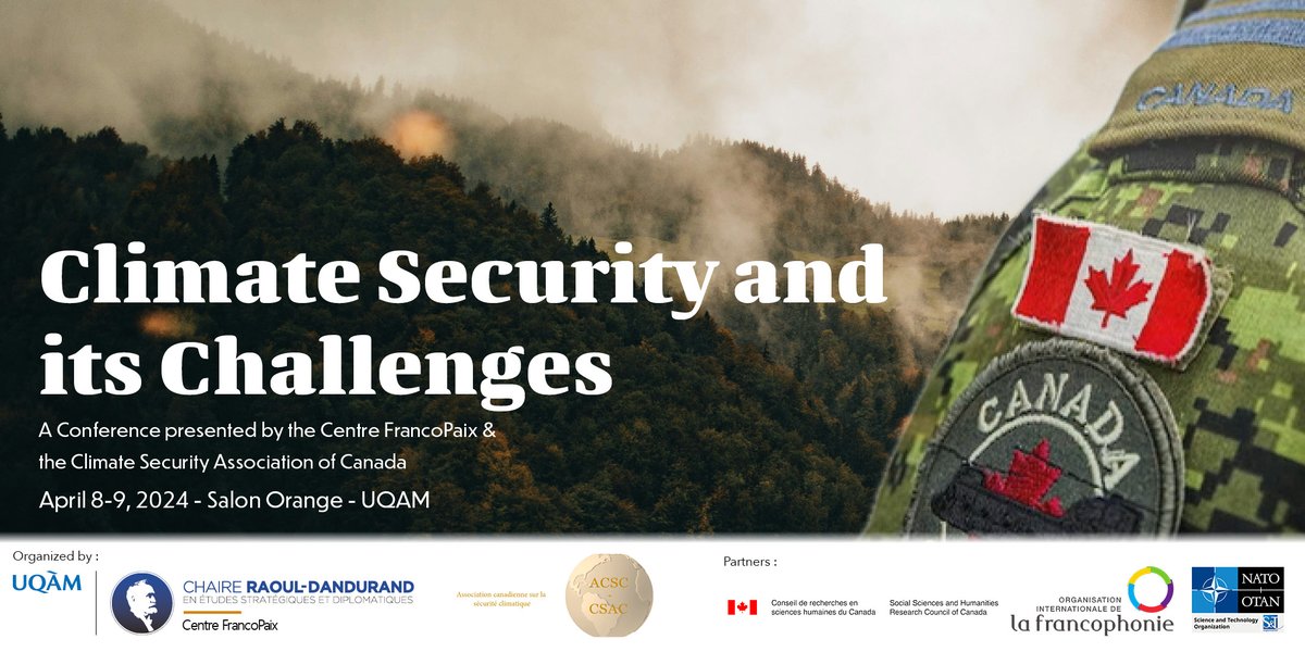 👥#Conference - «#ClimateSecurity and its Challenges» ▪️ When? April 8-9 ▪️ Where? #UQAM - in-person and online Organized by the Centre #FrancoPaix & the Climate #Security Association of Canada Program: dandurand.uqam.ca/wp-content/upl… To register: dandurand.uqam.ca/evenement/clim…