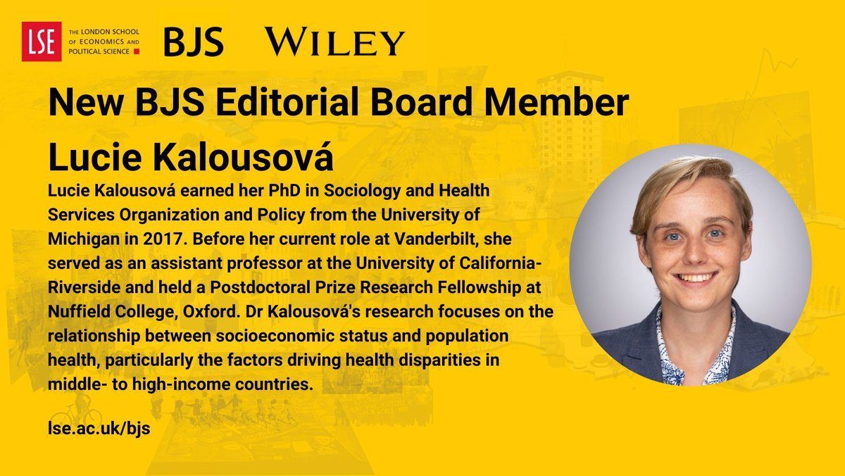 We are thrilled to welcome Dr Lucie Kalousová to the #BJS editorial board. @LucieKalousova has been doing cutting edge research for the last decade and will bring a wealth of insight and experience, particularly around issues related to health and #health #inequalities.