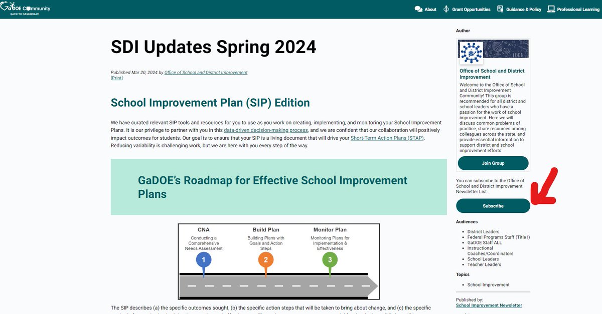 Want to stay up to date on the latest SDI news? Subscribe to our quarterly newsletter housed on the GaDOE Community platform. The Spring 2024 edition features information about School Improvement Plans and upcoming PL opportunities. login.community.gadoe.org/posts/school-i…