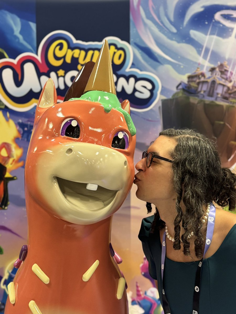 This is Ambiguous Automaton, genesis Unicorn that I bought for .39 eth ($1,304) on December 16, 2021

I hatched him from egg form🐣 and now get to see him in full form irl at #GDC 🦄

Kind of wild that <a href="/crypto_unicorns/">Crypto Unicorns</a> has been running a live economy for over 2 years.. not a feat