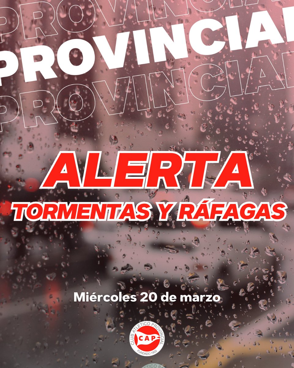 ALERTA POR TORMENTAS Y RÁFAGAS 🚨

A raíz de las condiciones climáticas en la región (alertas 🟡 y 🟠), les recomendamos a los socios que, por motivos de seguridad, no asistan en el día de la fecha a la institución.

Además, TODAS las actividades programadas estarán suspendidas.