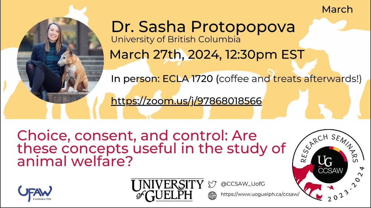 Don't miss our March research seminar! Dr Sasha Protopopova will discuss 'Choice, consent, and control: Are these concepts useful in the study of animal welfare science?' March 27th 2024, 12.30pm EST In-person: ECLA 1720 Online: zoom.us/j/97868018566 Sponsored by @UFAW_1926